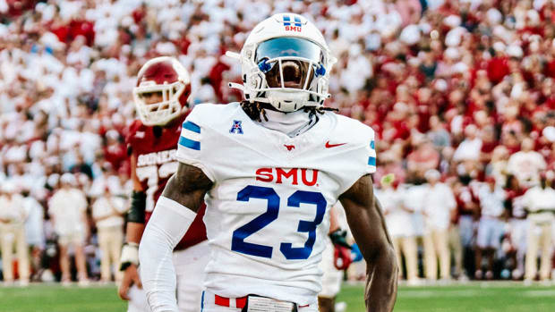 Safety Isaiah Nwokobia celebrates after a big play against Oklahoma at Memorial Stadium in Norman.